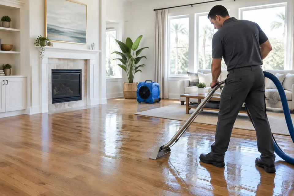 Generated illustration of a technician extracting water from a hardwood living room floor in a Southern California home